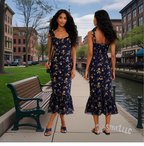 NEW  SPRING PRETTY DARK BLUE Floral PRINT SHOULDER STRAP Slim Dress FOR WOMEN