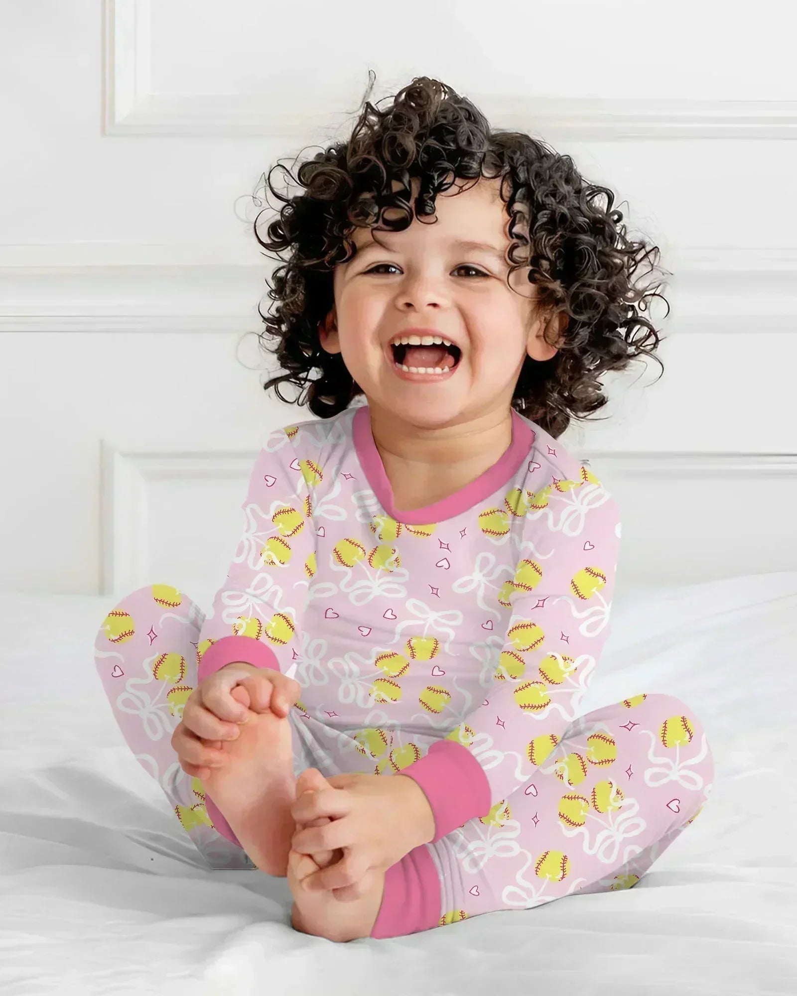 Softball Cherry Mom And Girl Matching Bamboo Two Piece Long Sleeve Pajama Set