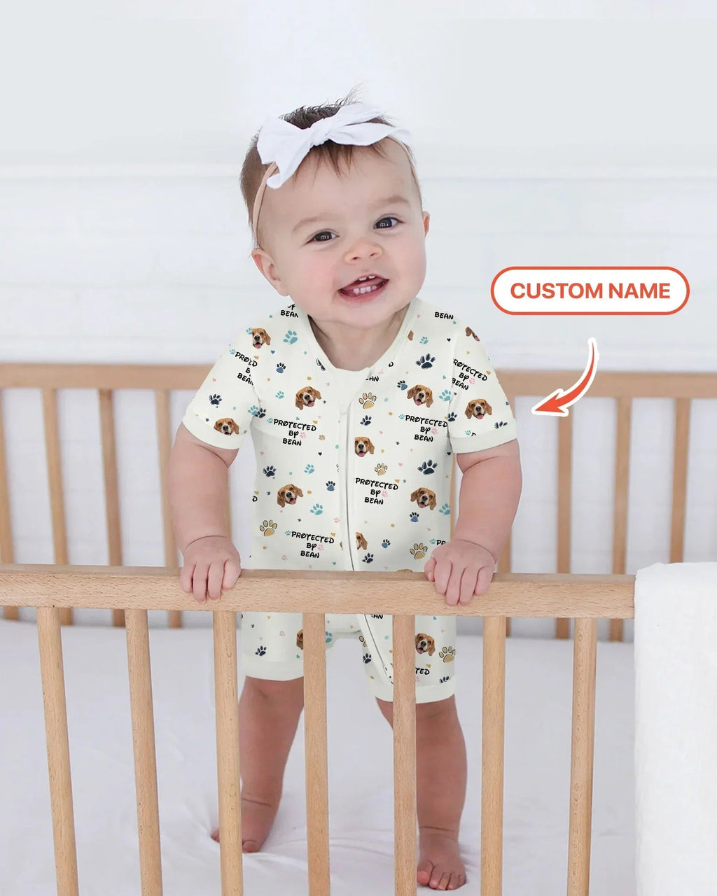 Custom Dog Photo Pattern "Protected By" Bamboo Shorty Zippered Romper