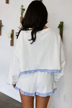 Yellow Cream Plaid Ruffled Patchwork Drop Shoulder Pullover and Drawstring Elastic Waist Shorts Matching Set
