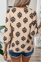 Green Damask Floral Print Contrast V Neck 3/4 Sleeve Blouse