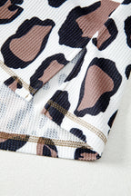 Apricot Leopard Mixed Texture Patchwork Zip Up Drop Shoulder Hoodie