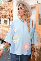 Green Flower Patched Exposed Seam 3/4 Sleeve top