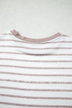 Khaki Stripe Color Block Trim Round Neck Short Sleeve Top