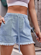 Drawstring Frayed Hem Denim Shorts
