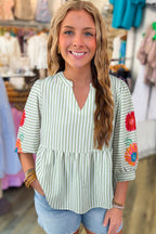 Green Stripe Flower Puff Sleeve Notched V Neck Babydoll Blouse