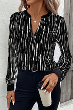 Black Spring and Autumn Abstract Print V-neck Long-sleeve Blouse