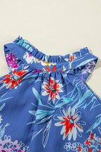 Bright Green Floral Print Buttoned Neckline Tank Top