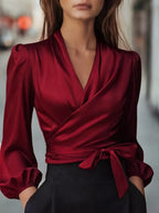Satin Tied Balloon Sleeve Blouse