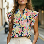 Women's Retro Ruffle-Trim Printed Sleeveless Top