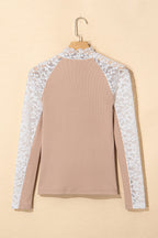 Smoke Gray Floral Lace Patchwork Long Sleeve High Neck Slim Top