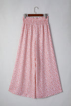 Pink Floral Shirred Side Slit Wide Leg Pants