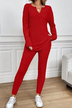 Grass Green Ribbed Notched Neck Knit Long Sleeve Leggings Two Pieces Lounge Set