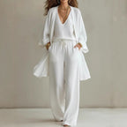 Women's V-Neck Cardigan Coat, Pocket Vest & Long Pants Three-Piece Set