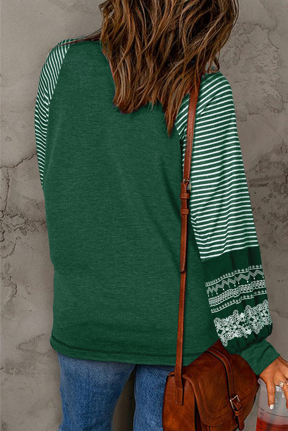 Tillandsia Purple Contrast Print Striped Raglan Long Sleeve Loose Top