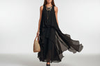 Asymmetrical Ruffle Mesh Chiffon Sleeveless Maxi Dress – Black, XS–XXL