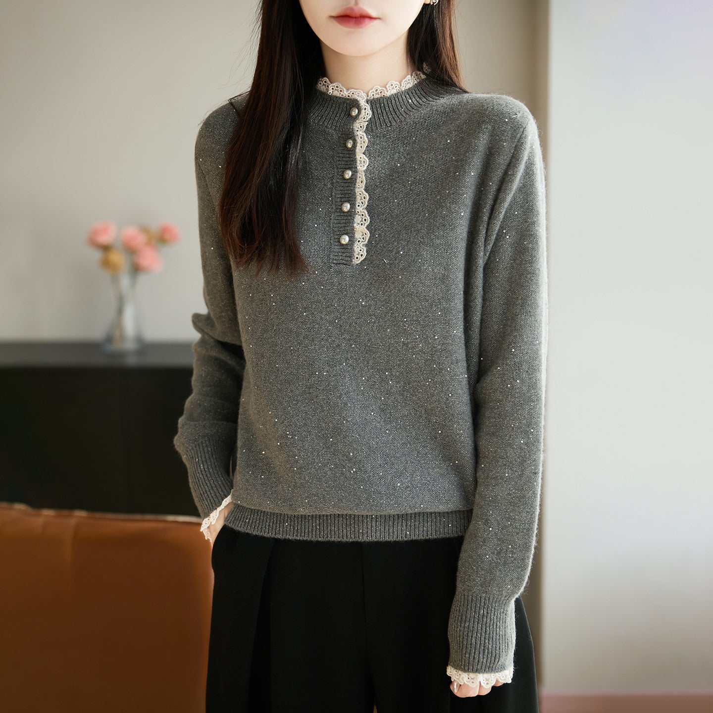 Womens Lace Mock Neck Base Layer Top