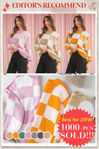 Dark Brown Plaid Bishop Sleeve Pullover Sweater