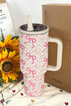 Bright Pink Bow Heart Print Tumbler Cup