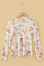 Casual Round Neck Floral Print Mesh Long Sleeve Top