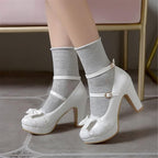 Foreada Womens 6.5 White Lace Bow 3.5" Platform Heel Mary Jane Closed Toe Shoes
