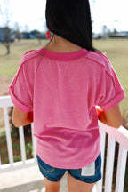 Rose Red Twisted Ribbed Knit Patchwork V Neck Casual Tee