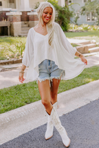White Eyelet Patchwork High Low Hem V Neck Oversized Top