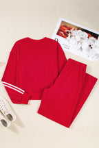 Dirty blue Varsity Striped Detail Crewneck Pullover Elastic Sweatpants 2pcs Outfit