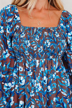 Blue Smocked Bodice High Waist Ruffled Sleeve Floral Dress