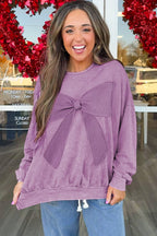 Orchid Bouquet Mineral Wash Waffle Bow Patched Pullover Sweatshirt