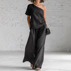 Women's Wide-Leg Pants & Top Set – 2-Piece Three-Quarter Sleeve Outfit