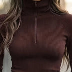 Solid Ribbed Half-Zip Turtleneck Knit Top