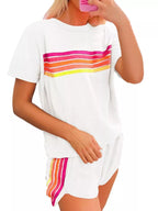 Rainbow Striped Round Neck Top and Shorts Set