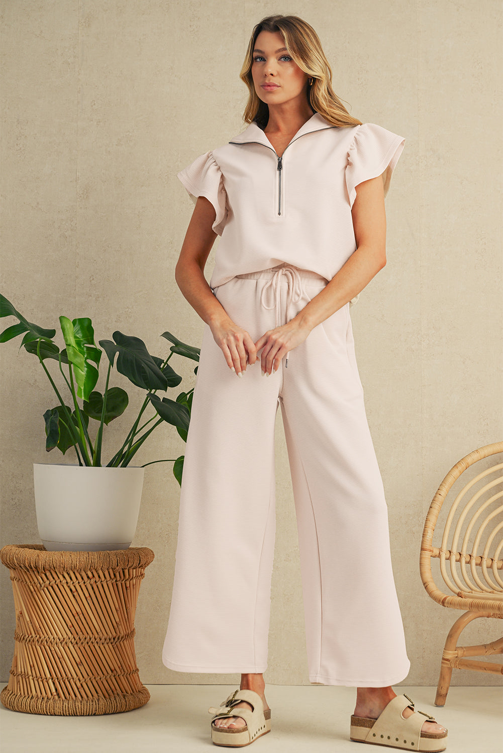 Pink Textured Ruffle Sleeve Zipped Top and Wide Leg Pants Set