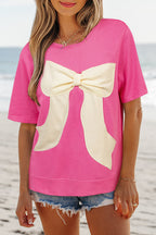 Strawberry Pink Contrasting Color Ribbon Bow Front Patch Loose Tee with Slits