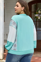 Aruba Blue Twist Ribbed Color Block Plaid Patchwork Plus Size Long Sleeve Top