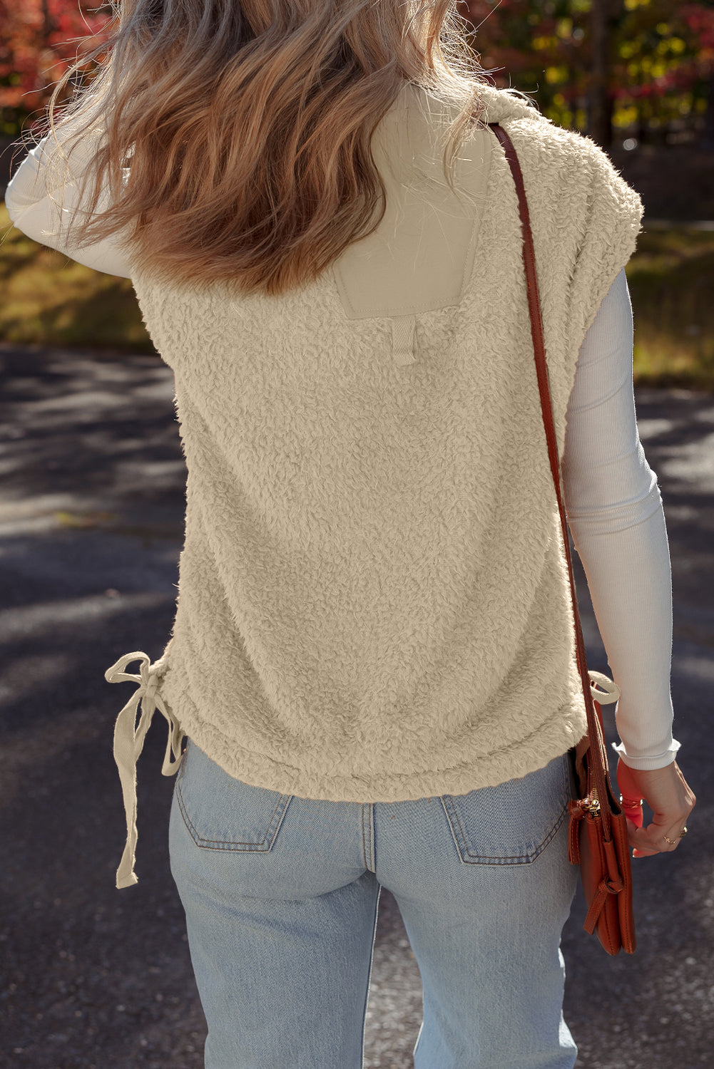 Beige Faux Fur Snap Button Front Knot Side Plush Vest with Pockets