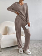 Ribbed Knit V-Neck Top and Pants Set