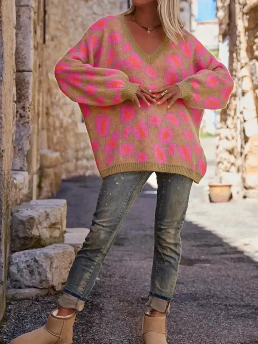 Leopard Oversized V-Neck Sweater