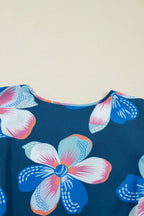 Blue Floral Print Short Puff Sleeve Ruffle Hem Belted Long Dress