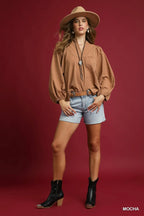 Umgee Textured Notched Blouse with Balloon Sleeves
