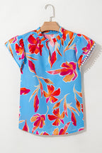 Sky Blue Floral Print V Neck Pompom Trim Flutter Sleeve Blouse