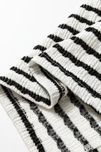 Black Stripe Textured Hooded V Neck Casual Long Sleeve Top