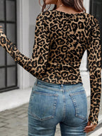 Leopard Print Square Neck Long Sleeve Top
