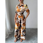 Women’s Printed Puff Sleeve Dress – Blouse Collar Cross-Tie Waist Style
