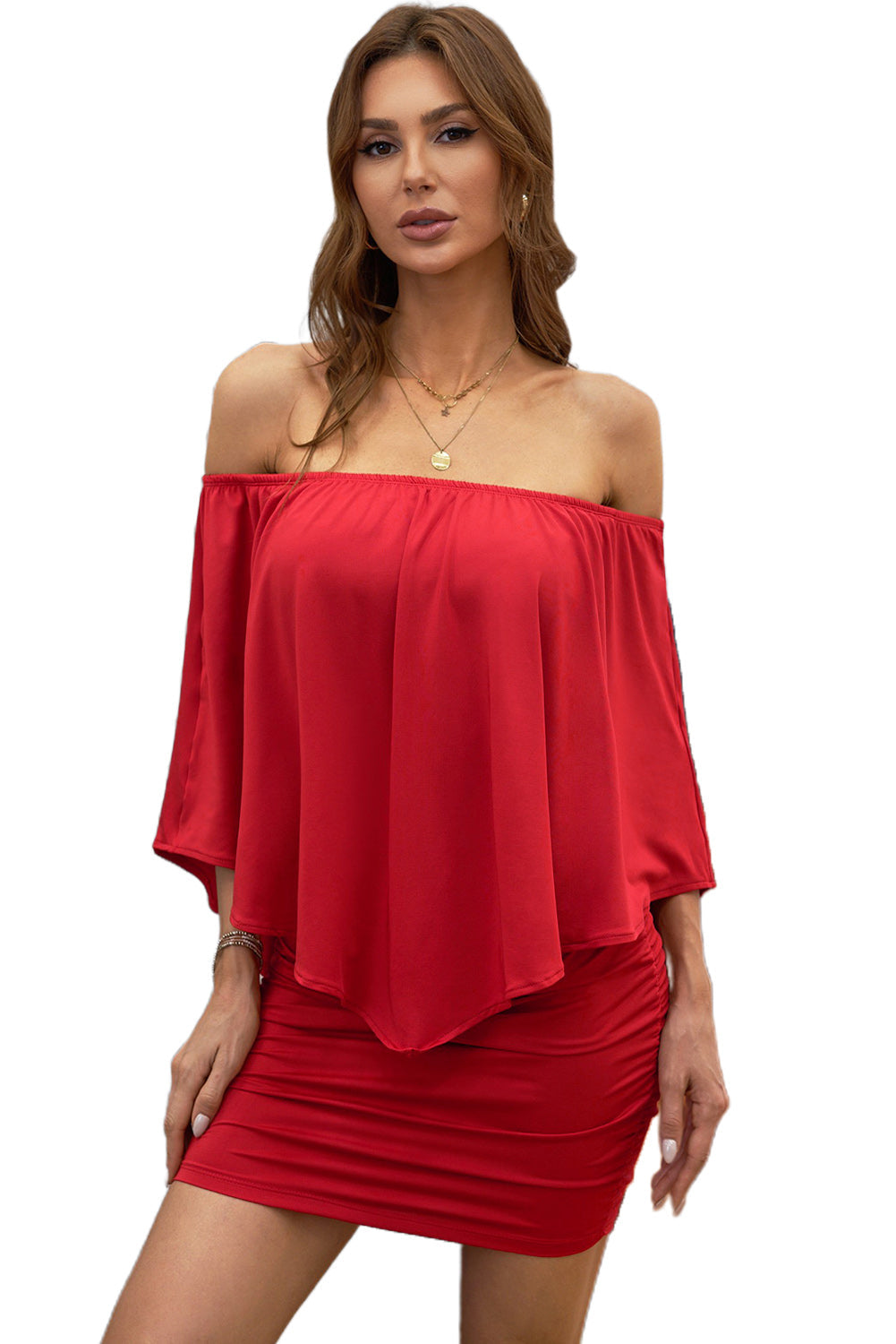 Plus size  Dressing Layered Fiery Red Mini Poncho Dress