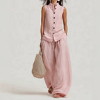 Women's Cotton-Linen Sleeveless Crewneck Vest & Pants Set