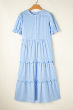 Sky Blue Stripe Bubble Sleeve Scallop Tiered Dress