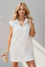 Oh Full Size Texture Half Zip Cap Sleeve Mini Dress