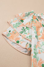 Sky Blue Floral Contrast Edge Ruffle Sleeve Tie Neck Mini Dress